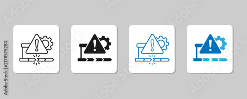Set of four icons representing a broken process or system error, featuring a warning triangle and gear symbol in various line and solid styles vector illustration