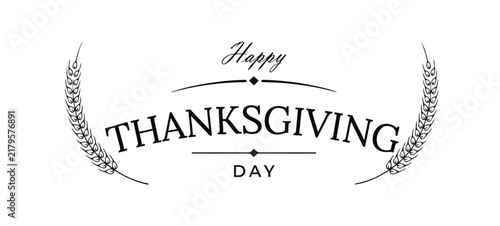 Minimalist happy thanksgiving day typography with wheat stalks and decorative lines on a plain white background, for holiday greeting