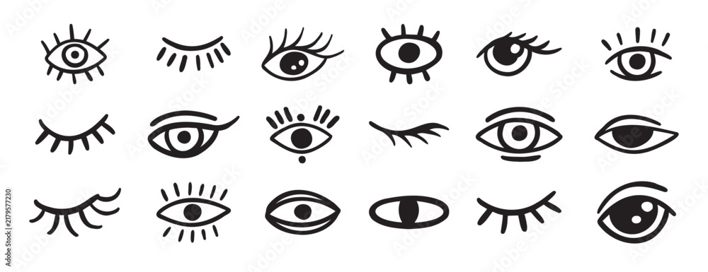Obraz premium eyes and lashes doodle hand drawn icon set. Outline drawing line clipart symbol collection
