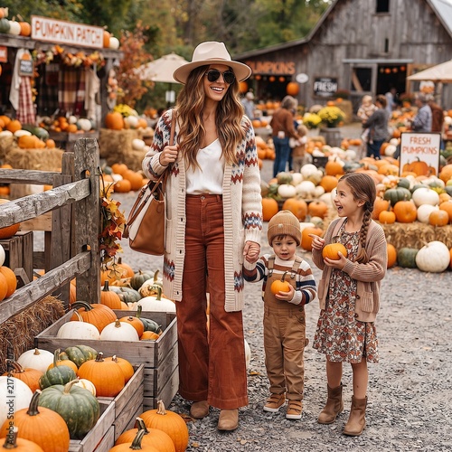 Mother and Children Choosing Pumpkins at a Sunny Autumn Pumpkin Patch Market
