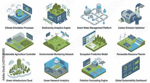 Collection of isometric illustrations representing advanced environmental technology solutions for a sustainable future.