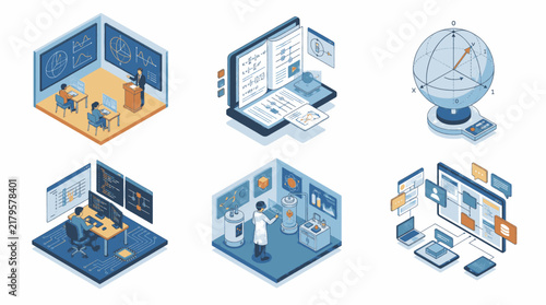 Isometric illustrations depicting various aspects of science, technology, and education.