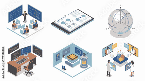 Isometric illustrations depicting technology, science, and education concepts with a modern, clean aesthetic.