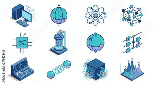 Collection of isometric icons representing science, technology, and data analysis concepts.
