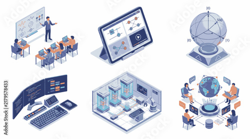 Isometric illustrations depicting various aspects of technology and education, including a classroom, digital interface, data center, and global network.