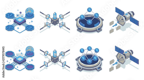 Set of isometric icons representing technology, including drones, futuristic structures, and a satellite.