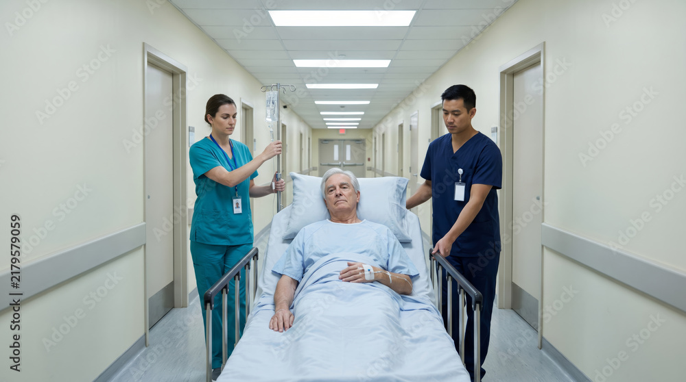 Fototapeta premium Elderly patient on a gurney escorted by medical staff in a hospital corridor, ideal for healthcare editorial and medical marketing.