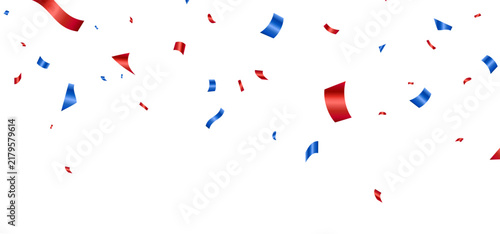 July 4th USA celebration background. Confetti red and blue wave banner. Stars and tinsel falling bg. Happy Independence Day decoration. Bright Birthday party invitation. Vector illustration