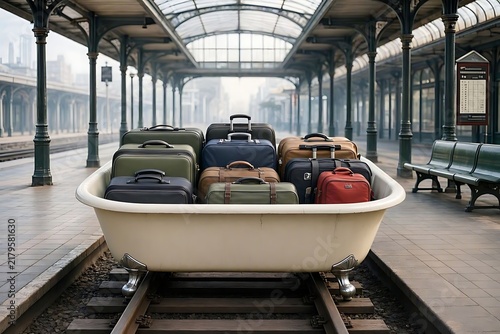 Antique luggage stacked on vintage train platform with arched glass roof and passengers waiting