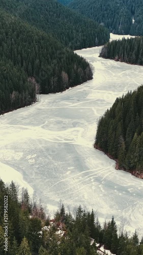Aerial view of frozen river winding through pine forest valley