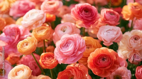 Ranunculus cluster creating delicate charm and joyful optimism close up spring garden pavilion backdrop realistic Blend mode. 
