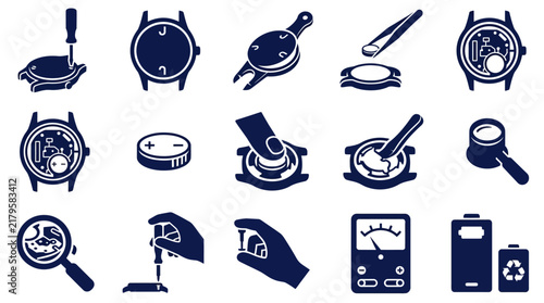 Professional watch repair icons showing battery replacement steps