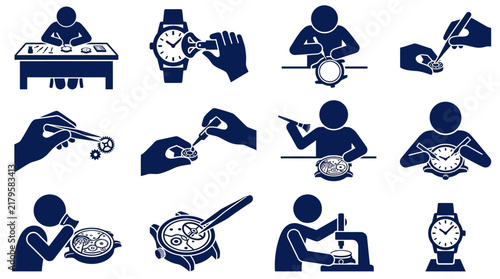 Watchmaker icons set showing watch repair and assembly process