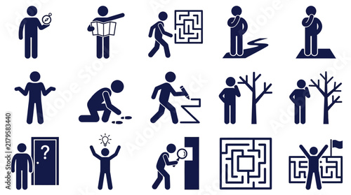 Stick figure navigation and problem solving icon set