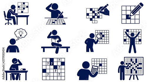 Stick figures solving crossword and logic grid puzzles