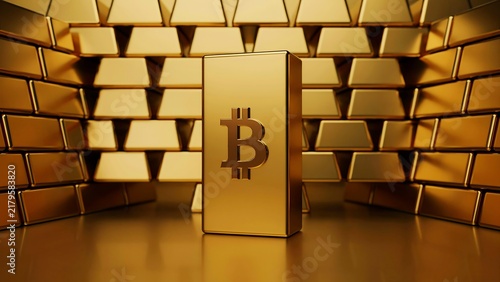 Bitcoin gold vault secure digital currency storage concept with stacked gold bars