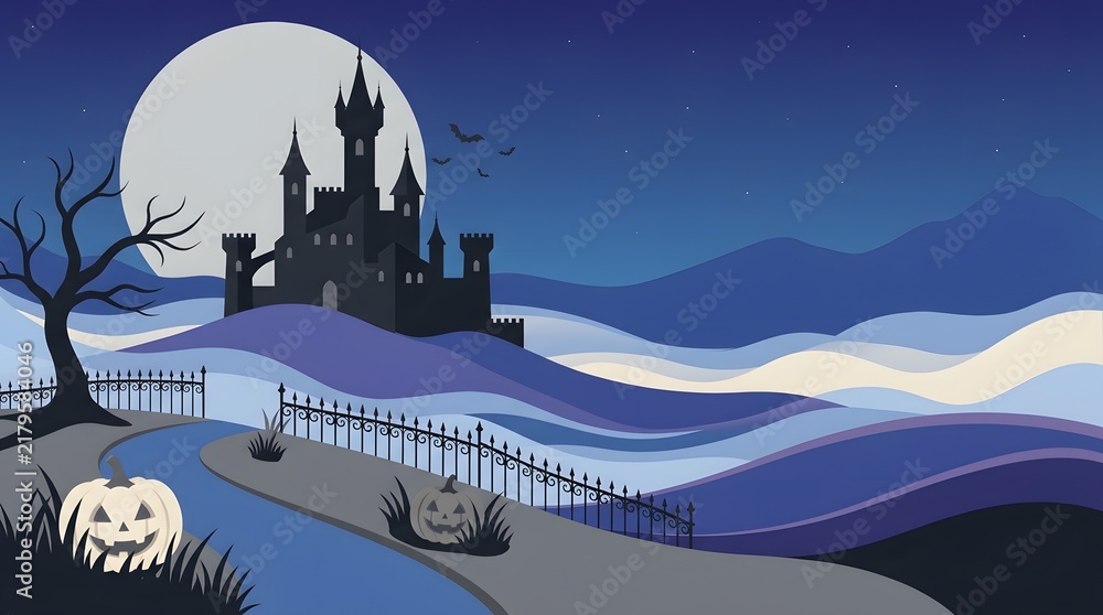 Fototapeta premium A hauntingly beautiful halloween night scene depicts a spooky castle silhouetted against a large full moon with eerie fog rolling