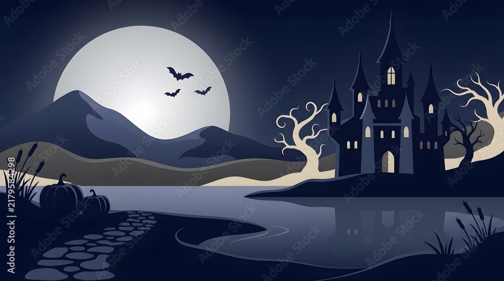 Fototapeta premium A spooky halloween night scene featuring a dark castle silhouetted against a full moon with flying bats and bare trees