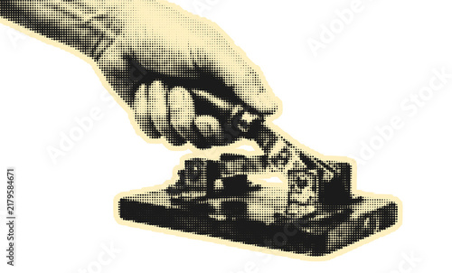 Foto Hand Operating Vintage Telegraph Key for Morse Code Transmission, Retro Halftone