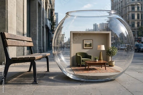 Modern urban living room inside giant glass orb on city sidewalk with wooden bench outside