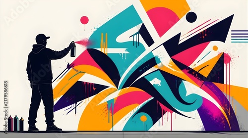 Graffiti artist silhouette spraying colorful abstract mural on white wall with vibrant paint drips and urban street art style.