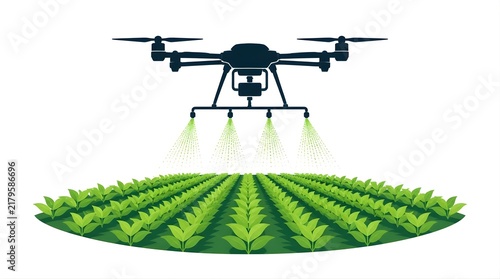 Autonomous agricultural drone spraying chemicals over green crop field rows vector illustration