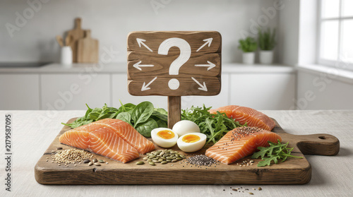 Salmon fillets with seeds and eggs create high protein high fiber meal on wooden board in bright kitchen