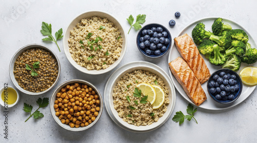 High protein and high fiber meal featuring quinoa, lentils, chickpeas, salmon, broccoli, and blueberries beautifully arranged