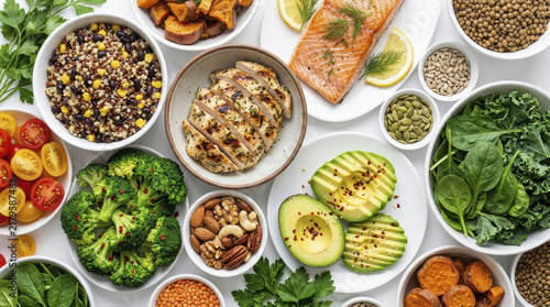 Variety of high protein and high fiber meals featuring grilled chicken, salmon, quinoa, avocado, and fresh vegetables