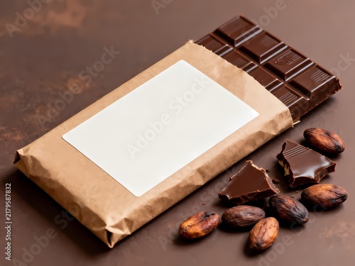 Premium Dark Chocolate Bar Wrapped in Eco-Friendly Brown Paper Packaging with Raw Cacao Beans and Broken Pieces on a Rustic Surface