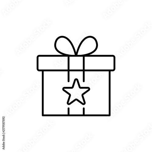 Gift box icon with a star symbol and ribbon bow, simple line art vector illustration