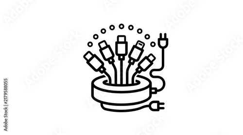 Collection of various electronic charging cables and plugs arranged in a circle.