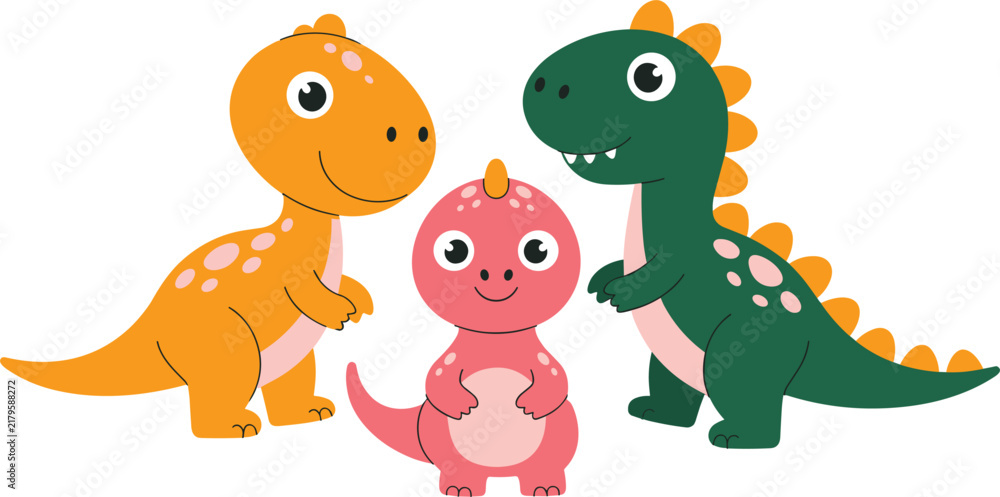 Naklejka premium Cute dinosaur cartoon character set featuring adorable orange pink and green baby dinos isolated on a white backgroundCute dinosaur cartoon character set