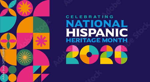 Dark blue geometric colorful banner 
background template, pattern for 
National Hispanic Heritage Month 2026