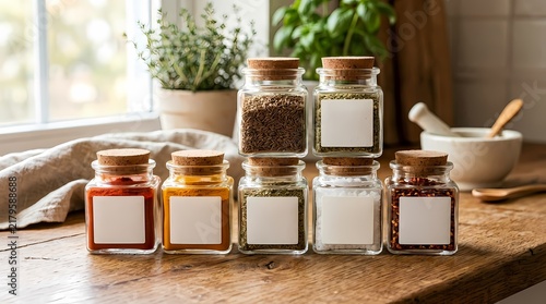 Assorted spices in glass jars with blank labels on a rustic wooden kitchen table