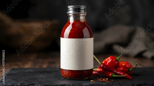 Bottle of spicy chili sauce with blank white label for branding mockup next to fresh red chili peppers on rustic wooden table