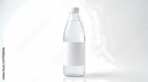 Glass bottle of pure still water with a clean white label on a minimalist bright background for branding presentation