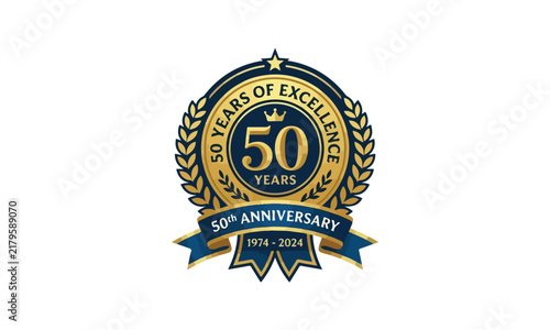 Gold and blue 50th anniversary seal with laurel wreath and ribbon featuring 1974 to 2024 text on white background