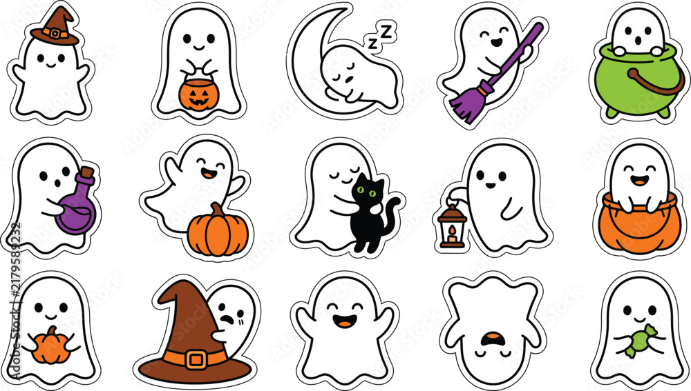 Fototapeta premium Cute ghost stickers for Halloween party or kids activity