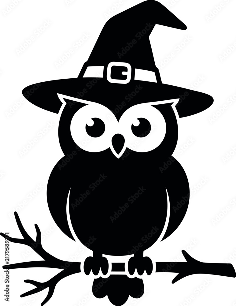 Fototapeta premium Cute owl wearing a witch hat, black and white Halloween vector silhouette.