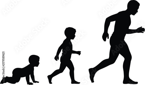 Foto A black silhouette showing the human life cycle stages, from a baby crawling to