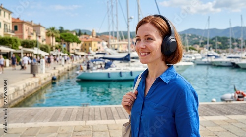 Smiling woman walking along a sunny waterfront marina wearing wireless headphones. Tourist listening to music by boats in a Mediterranean harbor