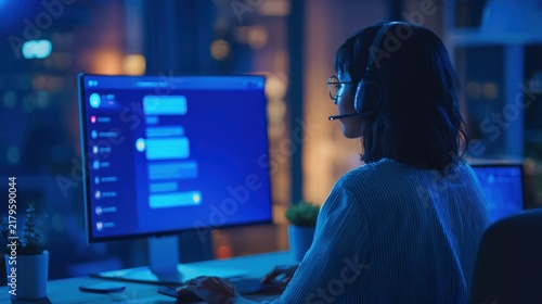 Woman wearing headset using computer in dark office at night