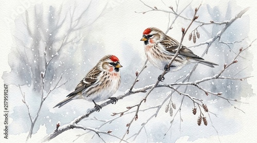 A pair of beautiful small birds perch on a snowy branch during the cold winter season a peaceful scene