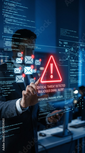A person interacts with a holographic display showing code and a critical threat alert for a phishing attack, symbolizing digital security and cyber threats