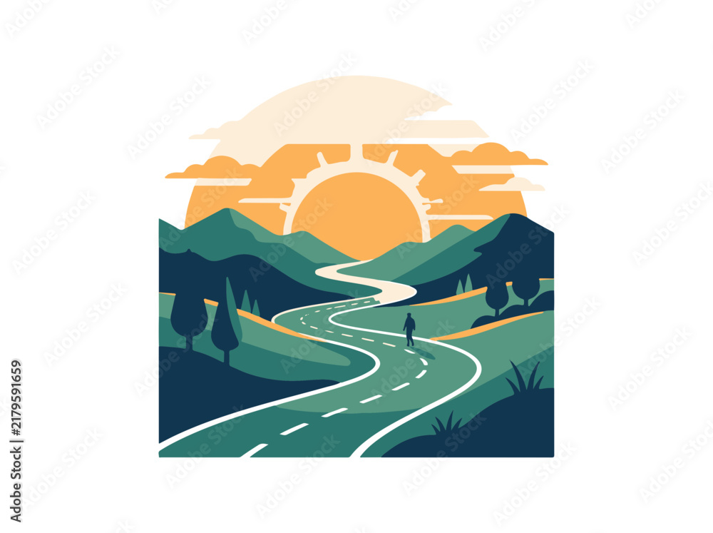 Obraz premium Winding Road Through Green Mountains at Sunrise a Lone Person Embarking on a Hopeful Journey