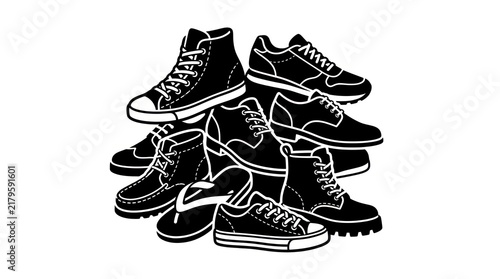 Collection of assorted footwear and shoes on a white background.