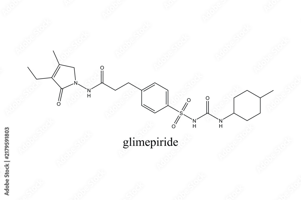 Obraz premium Glimepiride molecular structure shown as a two-dimensional chemical skeletal formula isolated on a clean white background for diabetes, pharmaceutical, medical, and scientific applications.