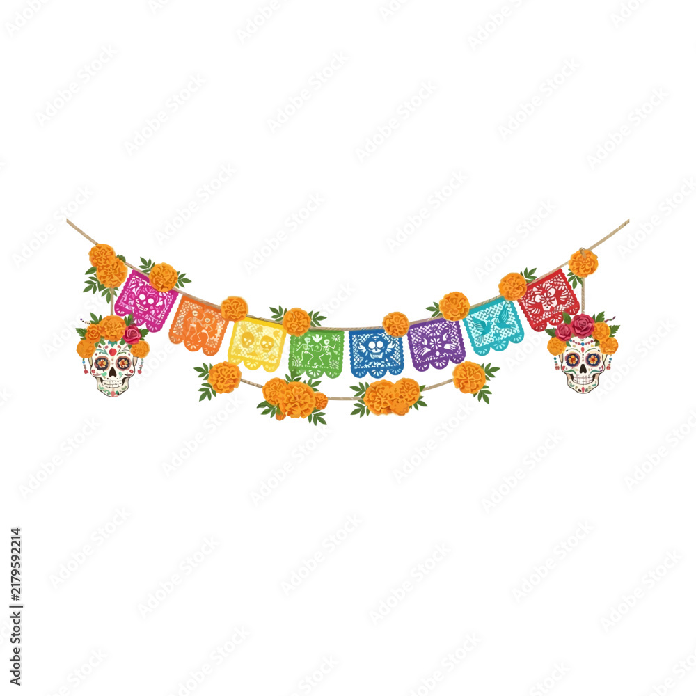 Fototapeta premium Colorful mexican papel picado banner with marigold flowers