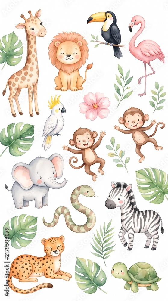 Obraz premium Watercolor jungle animals and tropical leaves illustration set